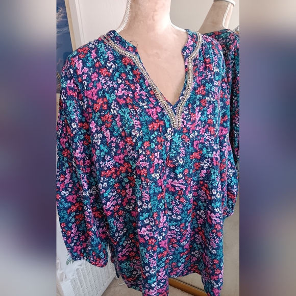 Charter Club Luxury~Linen Colorful Floral Tunic Top Rhinestone Beaded Neckline - Picture 2 of 14